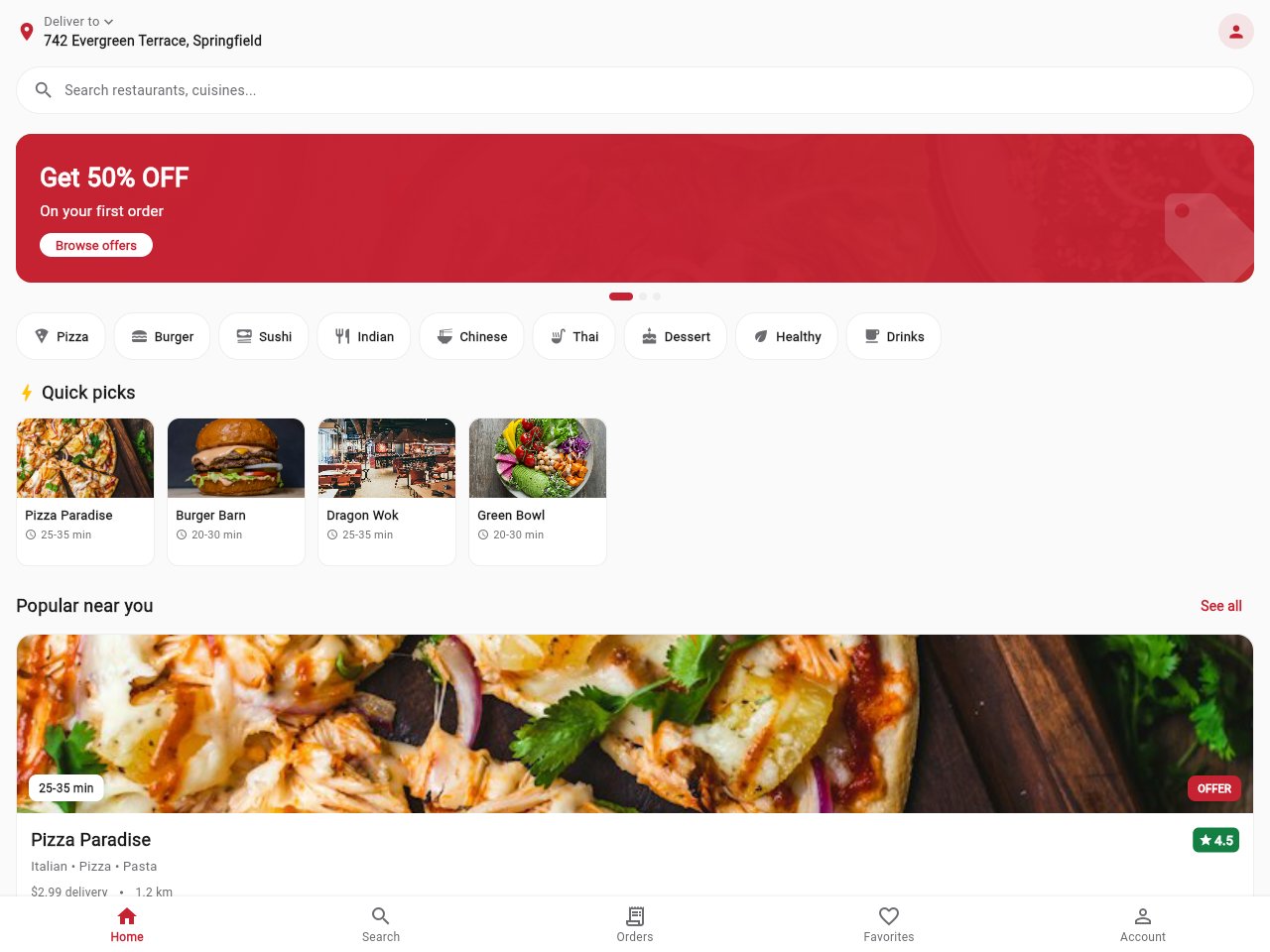 Schermata del modello Food Delivery