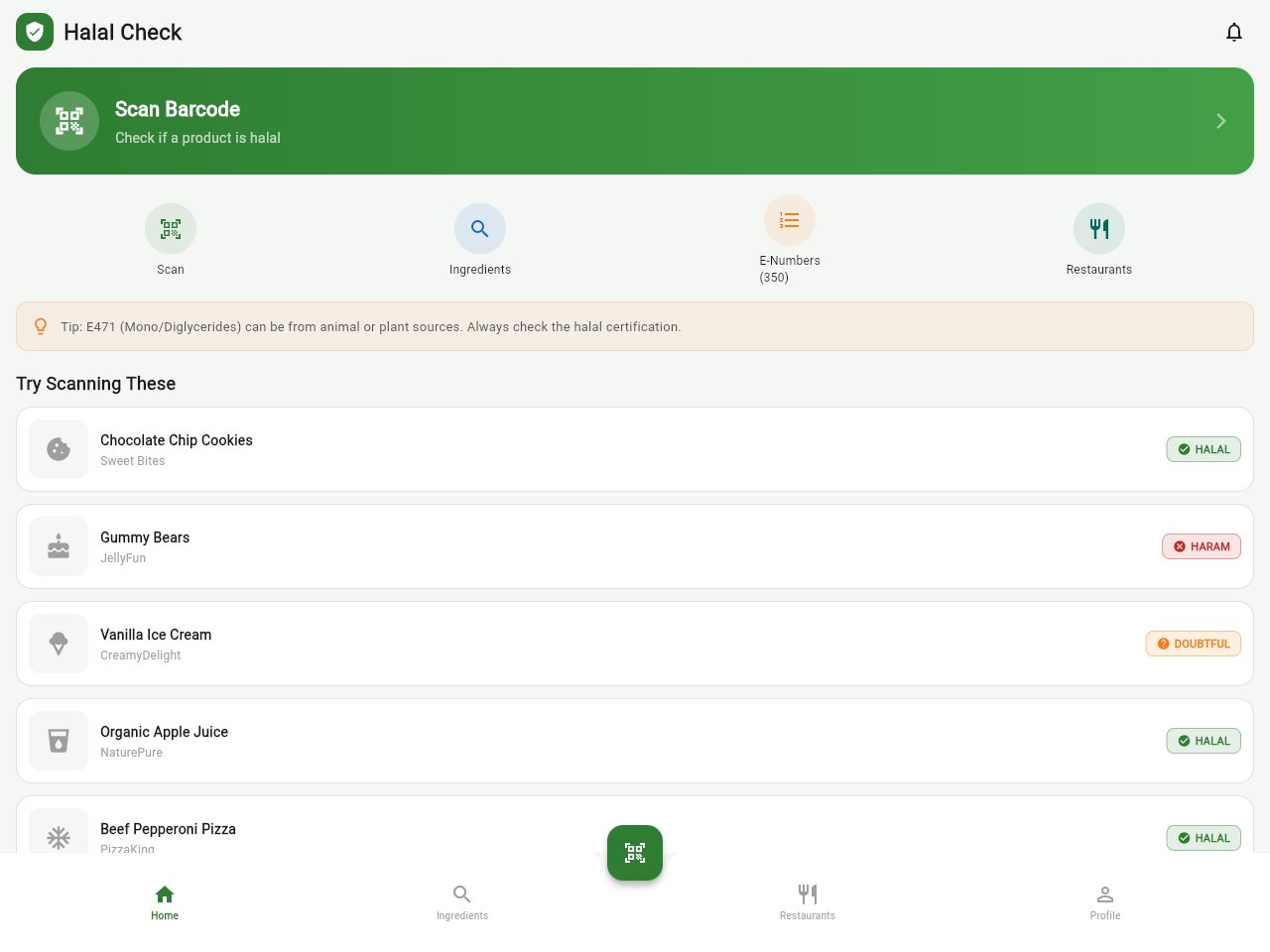 Zrzut ekranu szablonu Halal Food Scanner