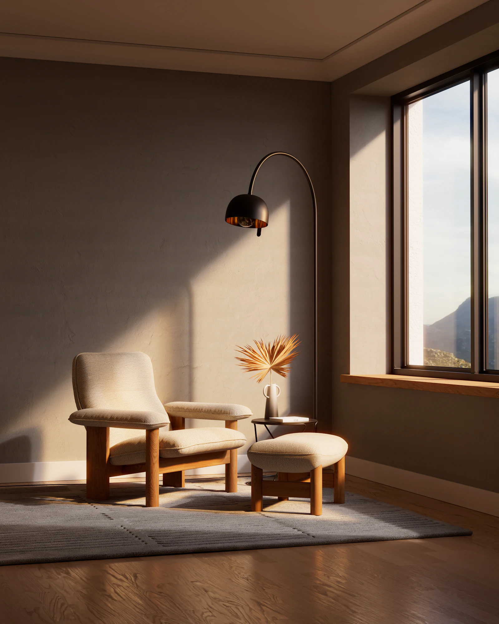 A lounge chair and ottoman beside an arc floor lamp in a quiet room with a tall window