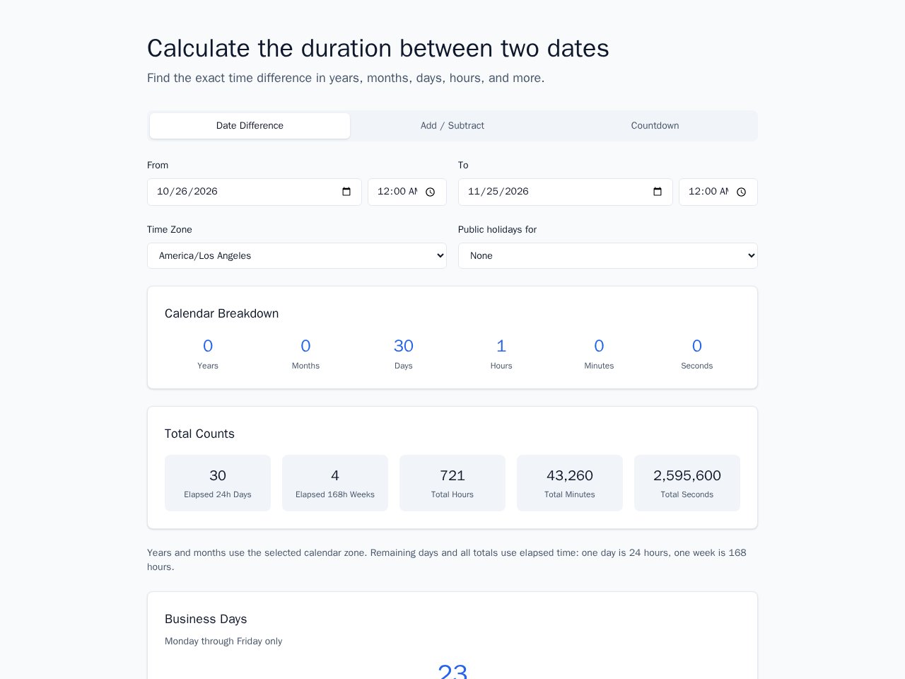 Date Difference Calculator Vorlagenvorschau