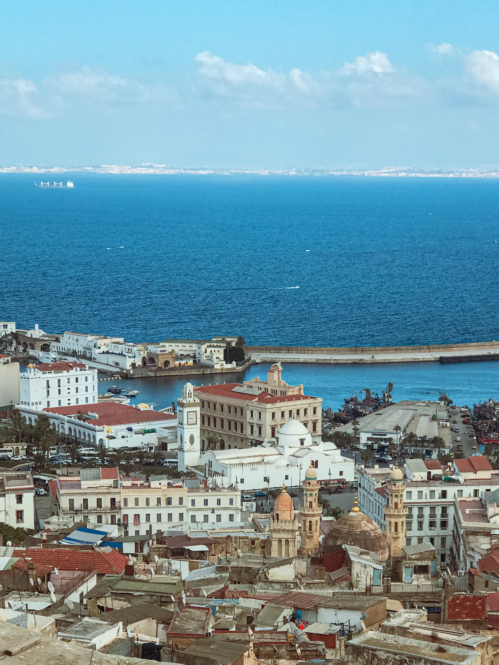 The Bay of Algiers seen from the hills, white buildings above the harbour and the open sea