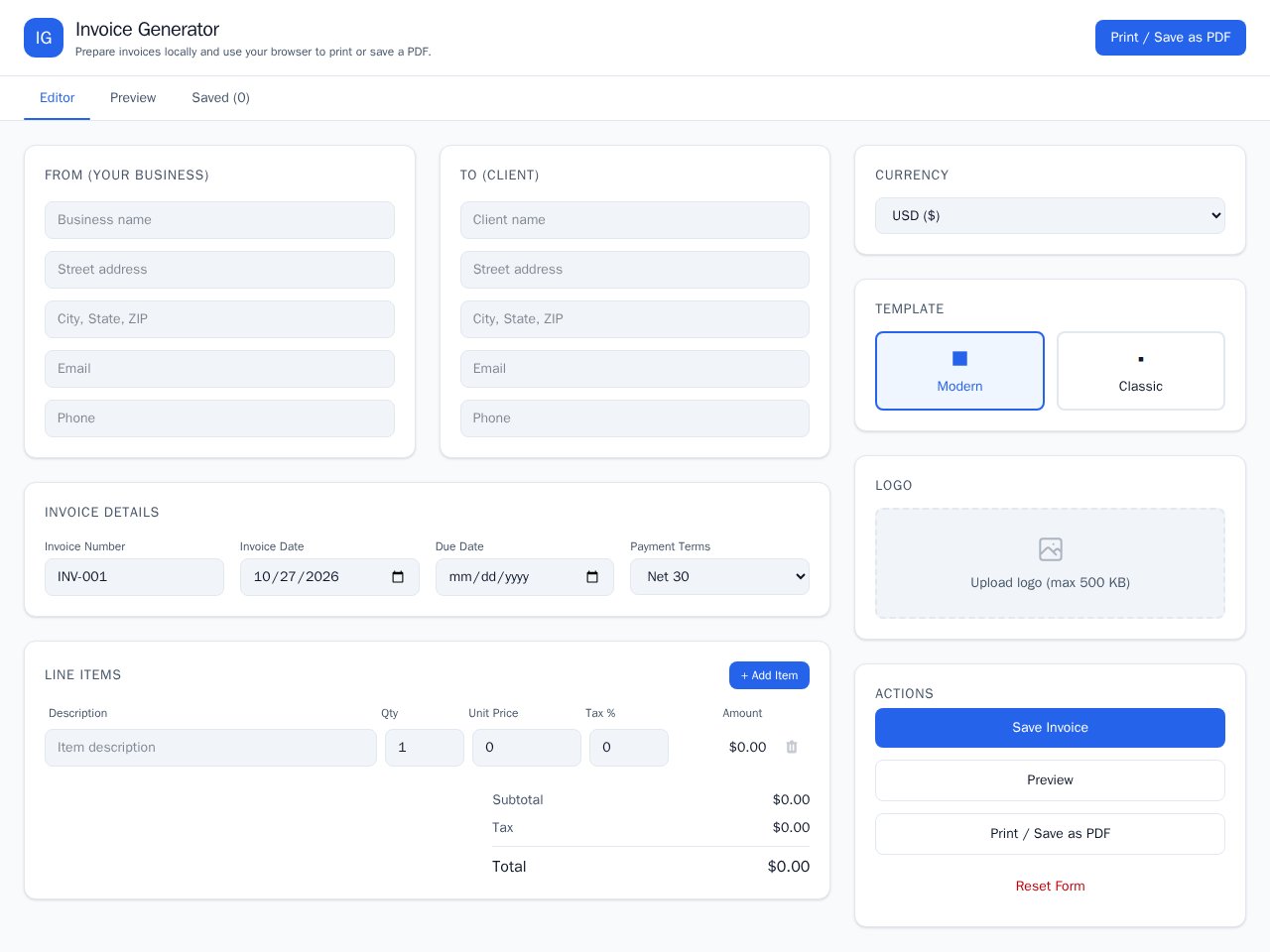 Vista previa de la plantilla Invoice Generator