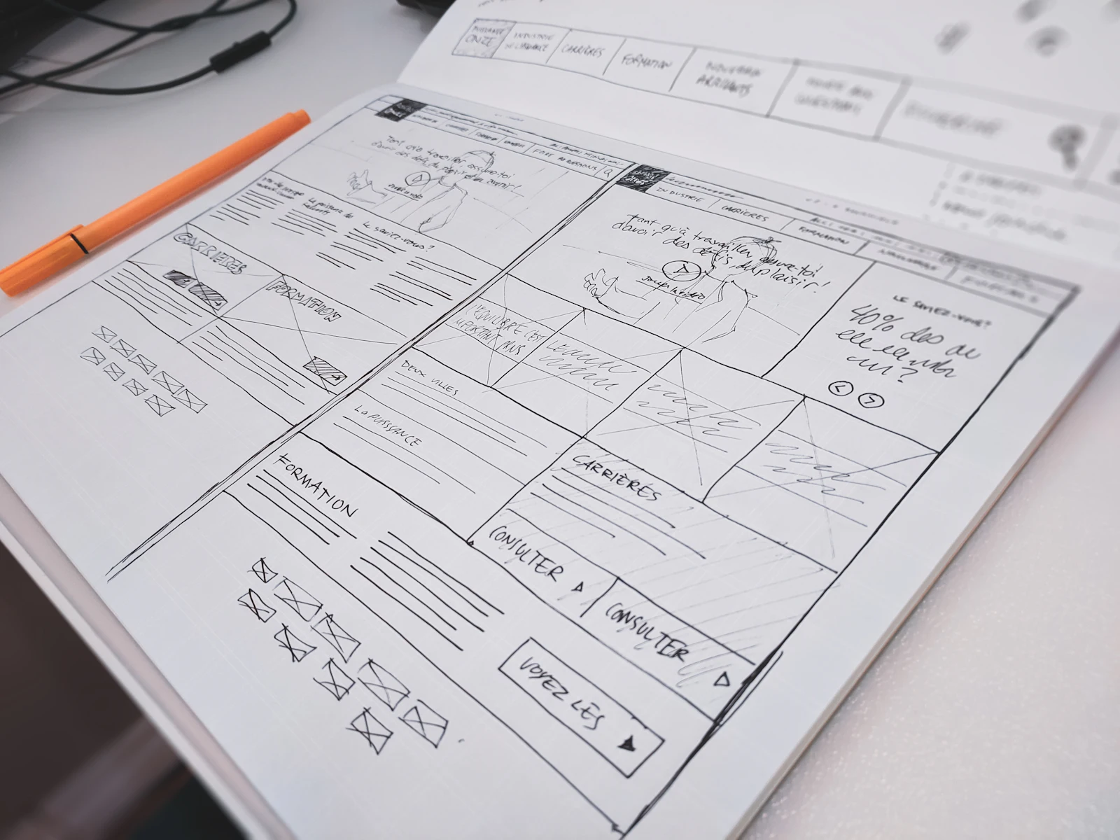 A hand-drawn website wireframe on paper with an orange pen