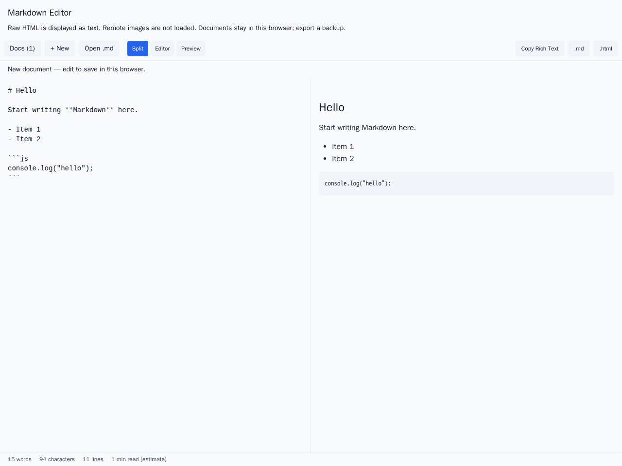 Markdown Editor template preview