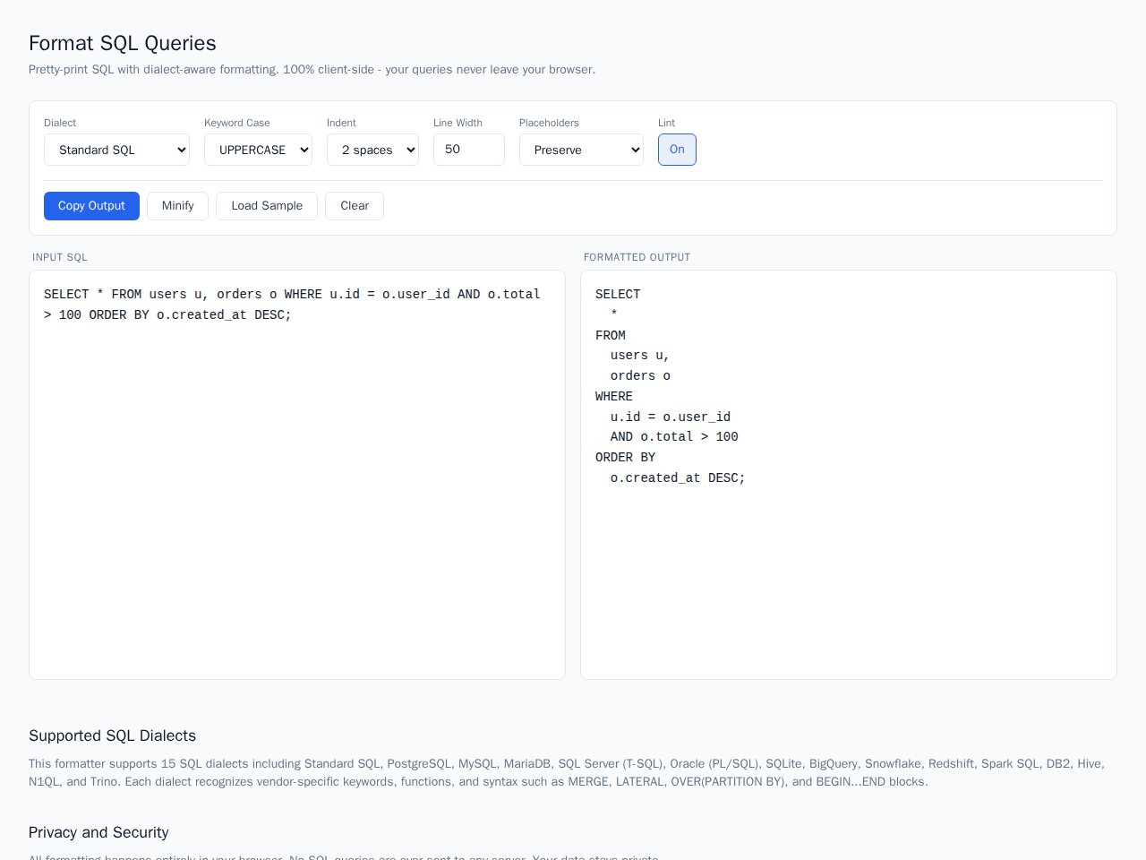 Sql Formatter template preview